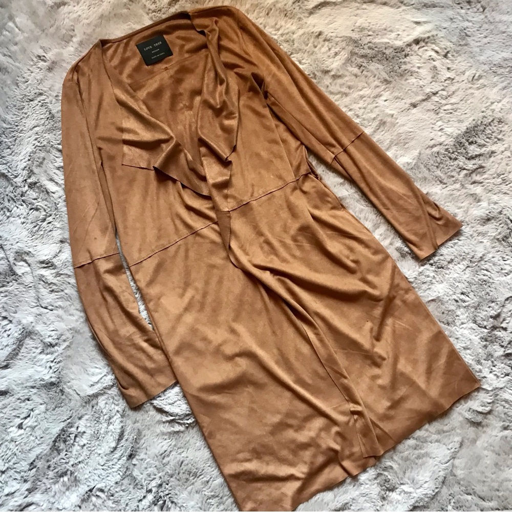 Women's Love Tree Tan Long Sleeve Cardigan, Faux Suede, Drape Front